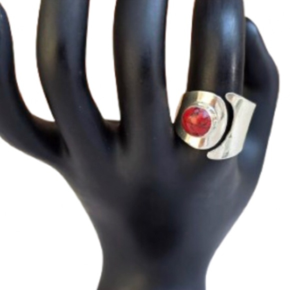 TAXCO Sterling Silver Red Jasper Cabochon Inlay Split Shank Band Sz 9